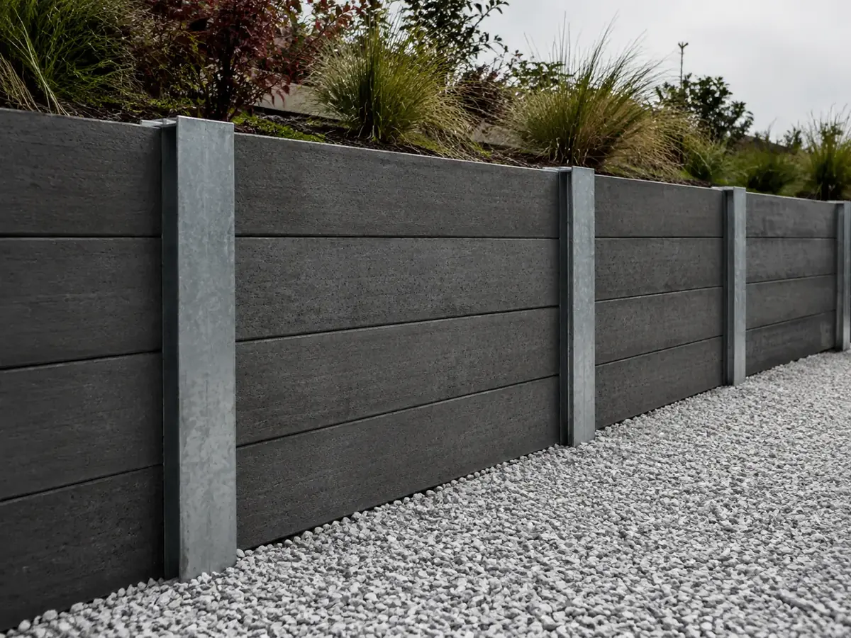 Concept of an engineered charcoal concrete sleeper retaining wall with galvanised steel structural posts for a sloped residential backyard boundary.